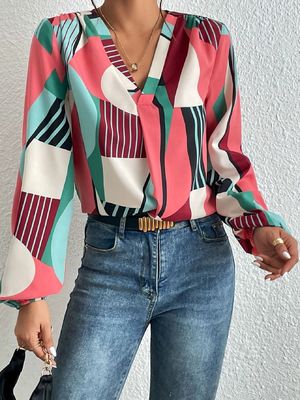 Cetakan Geometri Dekal T-Shirt Dacron lengan panjang Top Untuk Wanita