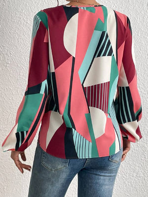 Cetakan Geometri Dekal T-Shirt Dacron lengan panjang Top Untuk Wanita