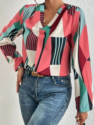 Cetakan Geometri Dekal T-Shirt Dacron lengan panjang Top Untuk Wanita
