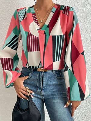 Cetakan Geometri Dekal T-Shirt Dacron lengan panjang Top Untuk Wanita