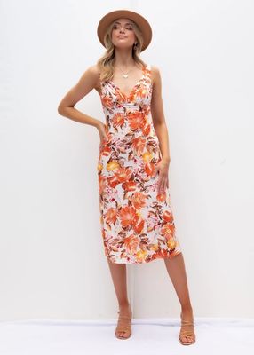 Slim Fit Sleeveless Print Dress V Neck Floral Dress Wanita Serat Polyester