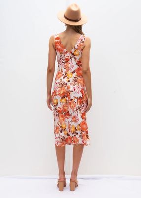 Slim Fit Sleeveless Print Dress V Neck Floral Dress Wanita Serat Polyester