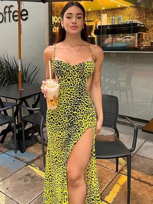 Sexy Backless Hip Split Pakaian Fashion Hottie Leopard Halter Pakaian