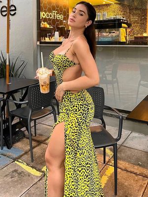 Sexy Backless Hip Split Pakaian Fashion Hottie Leopard Halter Pakaian