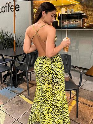 Sexy Backless Hip Split Pakaian Fashion Hottie Leopard Halter Pakaian