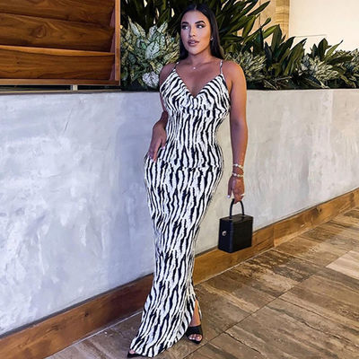 Cetakan seksi Gaun Wanita Bergaya Zebra Strip V Neck Halter Gaun
