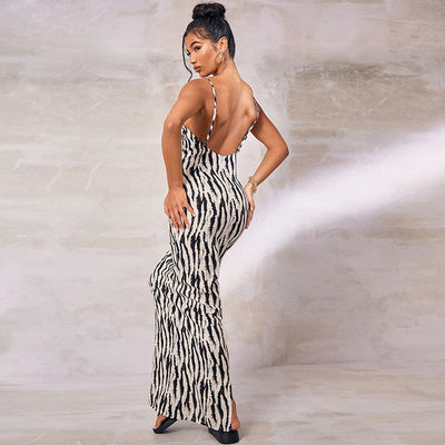 Cetakan seksi Gaun Wanita Bergaya Zebra Strip V Neck Halter Gaun