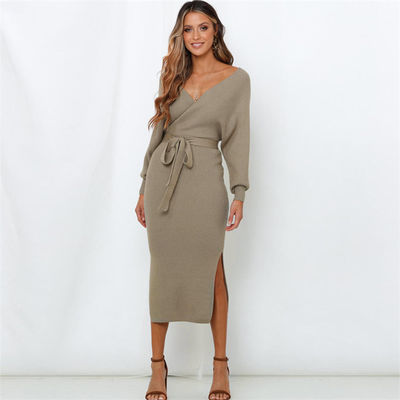 Long Skirt Wanita Pakaian Sweater seksi V Neck Sweater Knit Pakaian