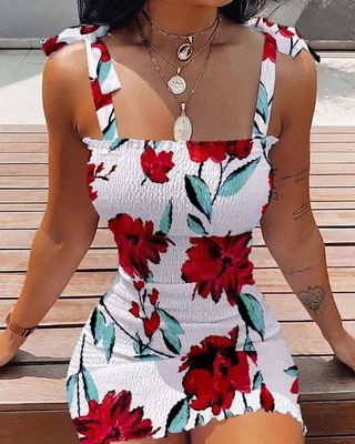Boat Neck Print Halter Dress Top Waist Floral Sheath Dress