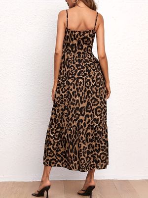 Leopard Print Wanita'S Belted Gaun seksi Halter Gaun Halter Gaun Slit