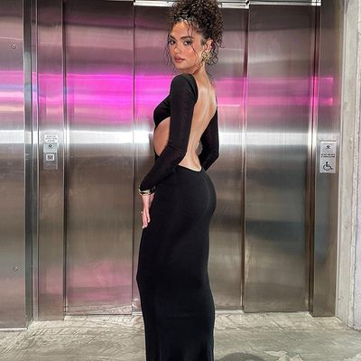New Hottie seksi Low Back Dress Hollow Out Dress Long Sleeve Hip Bag Solid Color Dress