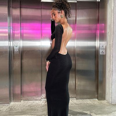 New Hottie seksi Low Back Dress Hollow Out Dress Long Sleeve Hip Bag Solid Color Dress