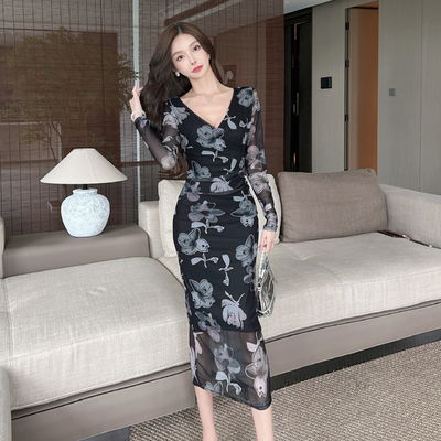 Print Mesh Sexy Hip Dress lengan panjang punggung rendah Wrap Hip Dress