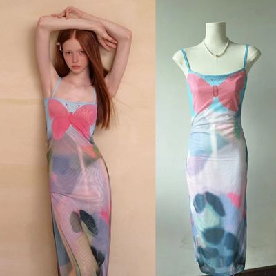 Pink Blue Butterfly Halter Dress French Slit Slim Sexy Dress Pinggang Slimming
