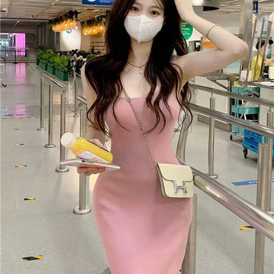 Gaun Slip Bergaya Seksi Manis Pedas Slim Fit Pink Tank Top Gaun tanpa lengan