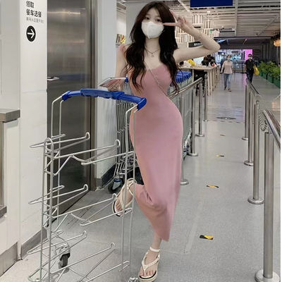 Gaun Slip Bergaya Seksi Manis Pedas Slim Fit Pink Tank Top Gaun tanpa lengan