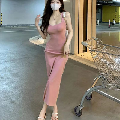 Gaun Slip Bergaya Seksi Manis Pedas Slim Fit Pink Tank Top Gaun tanpa lengan