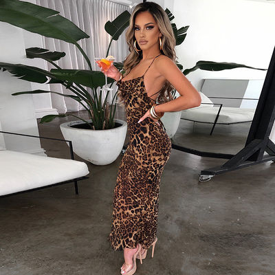 Leopard Print Gaun Wanita Bergaya Gaun Slim Fit MIDI