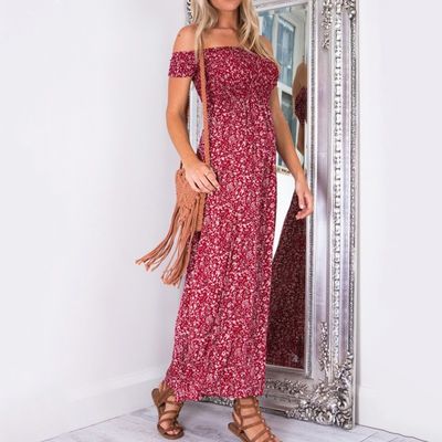 Pakaian Wanita Bergaya Pakaian Sexy Print One Shoulder Split