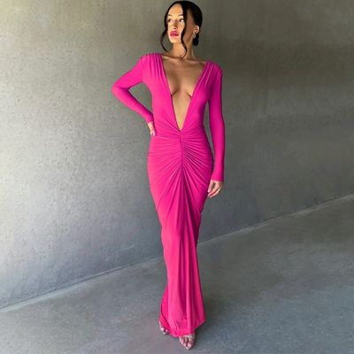Pink Merah Gaun Wanita Bergaya Ringan seksi besar V leher Gaun tanpa punggung Lipat warna padat