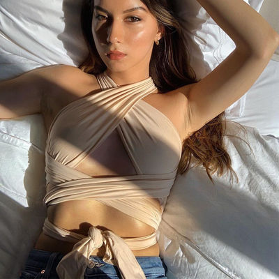 Sleeveless V Neck Tank Top Lace Up Style seksi Cross Halter Top