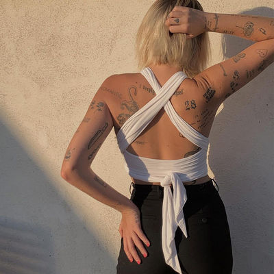 Sleeveless V Neck Tank Top Lace Up Style seksi Cross Halter Top