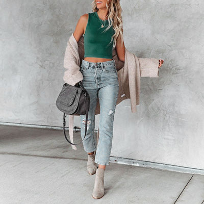 Wanita yang luar biasa tanpa lengan Tank Top Bergaya Solid Color Crew Neck Camisole