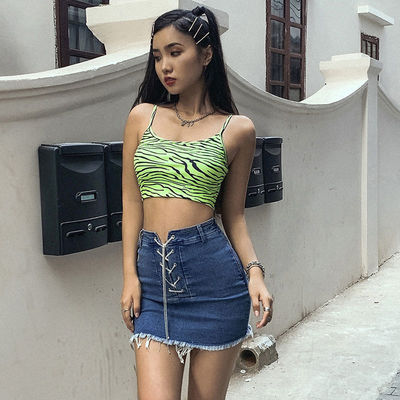 Fashion Wanita Camisole Vest Fluorescent Hijau Zebra Cetak Camisole Slim Fit Crop seksi
