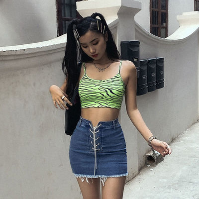 Fashion Wanita Camisole Vest Fluorescent Hijau Zebra Cetak Camisole Slim Fit Crop seksi