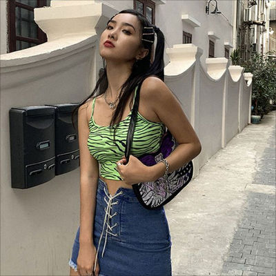 Fashion Wanita Camisole Vest Fluorescent Hijau Zebra Cetak Camisole Slim Fit Crop seksi