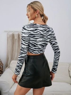 Semua Cocok Dekal T-Shirt V Neck Drawstring Wanita pendek Zebra Cetak Long Sleeve Shirt