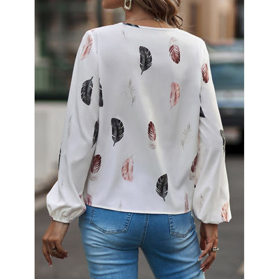 Wanita V-Neck bulu cetak T-shirt kasual long sleeve top