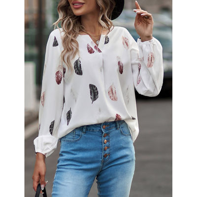 Wanita V-Neck bulu cetak T-shirt kasual long sleeve top