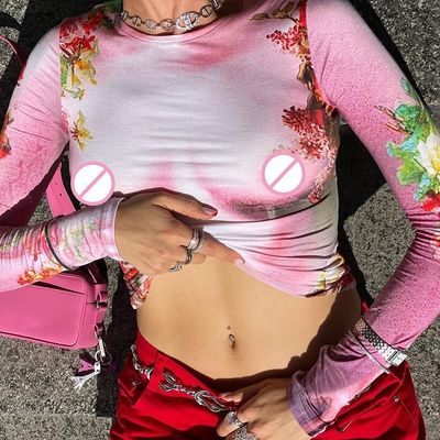Casual Wanita T-Shirt lengan panjang Spice Print Slim Fit Crew Neck Top lengan panjang