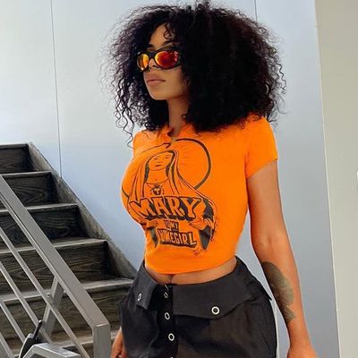 Hottie monogram cetak lengan pendek atas seksi Slim Fit T-shirt pinggang Hipster Tee