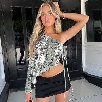 Wanita Decal T-Shirt Fashion seksi diagonal kerah Satu bahu Crop Tops Side Lacing Crop Print Top seksi