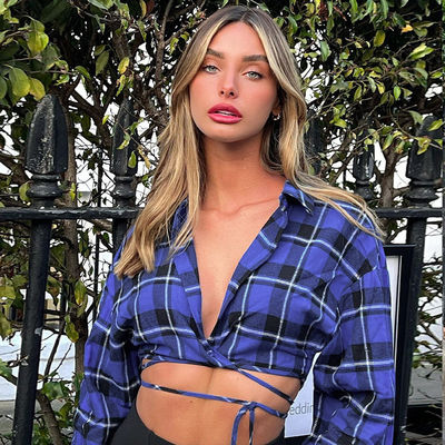 Stylish Plaid Wanita seksi T-Shirt V leher lengan panjang T-Shirt dengan pinggang rendah