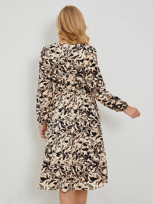 Fitted Floral Print Frock Wanita V Neck Floral Dress Lampu Lengan A Garis Rok