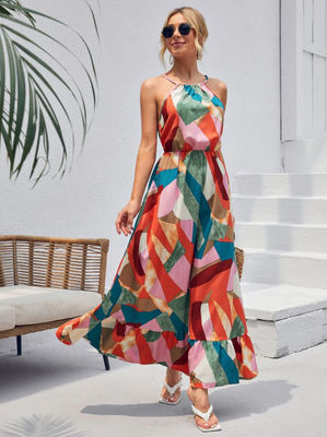 Tak berlengan bunga cetak frock gaya bunga Halter gaun Maxi rok