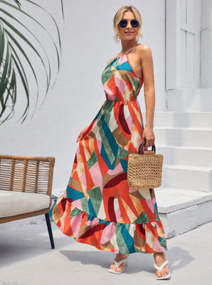 Tak berlengan bunga cetak frock gaya bunga Halter gaun Maxi rok