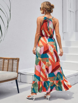 Tak berlengan bunga cetak frock gaya bunga Halter gaun Maxi rok