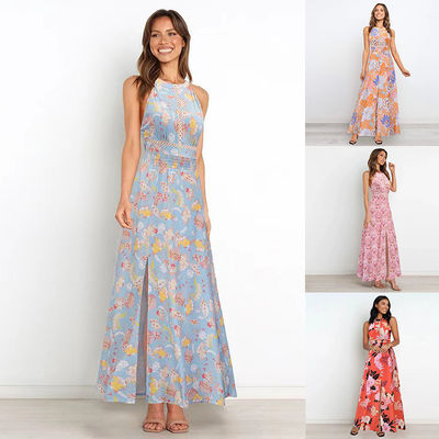 Anak-anak yang dicetak gaun tanpa lengan gaya bunga Halter Maxi gaun