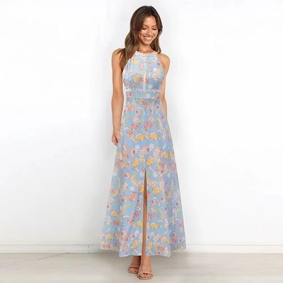 Anak-anak yang dicetak gaun tanpa lengan gaya bunga Halter Maxi gaun