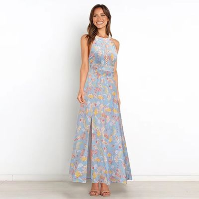 Anak-anak yang dicetak gaun tanpa lengan gaya bunga Halter Maxi gaun