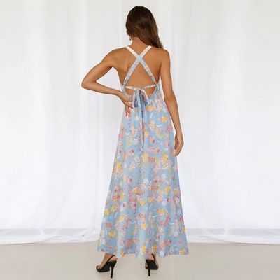 Anak-anak yang dicetak gaun tanpa lengan gaya bunga Halter Maxi gaun