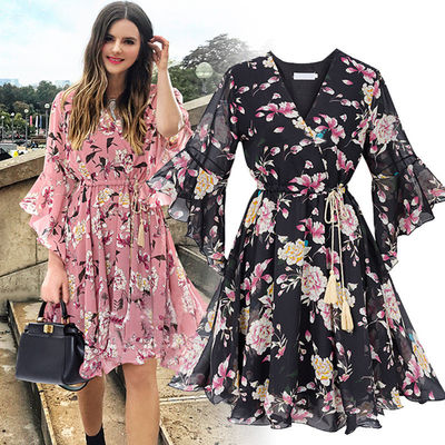 Gaun pendek lengan panjang lutut gaun bunga V leher lengan lebar lengan keriting gaun chiffon