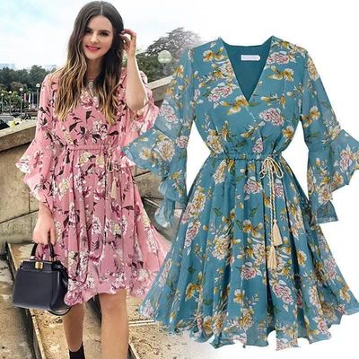 Gaun pendek lengan panjang lutut gaun bunga V leher lengan lebar lengan keriting gaun chiffon
