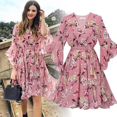 Gaun pendek lengan panjang lutut gaun bunga V leher lengan lebar lengan keriting gaun chiffon