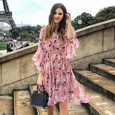 Gaun pendek lengan panjang lutut gaun bunga V leher lengan lebar lengan keriting gaun chiffon