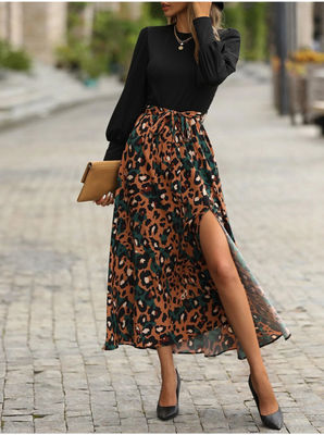 Wanita'S Stylish Floral Print Fork Printed Long Sleeve Patchwork Pakaian